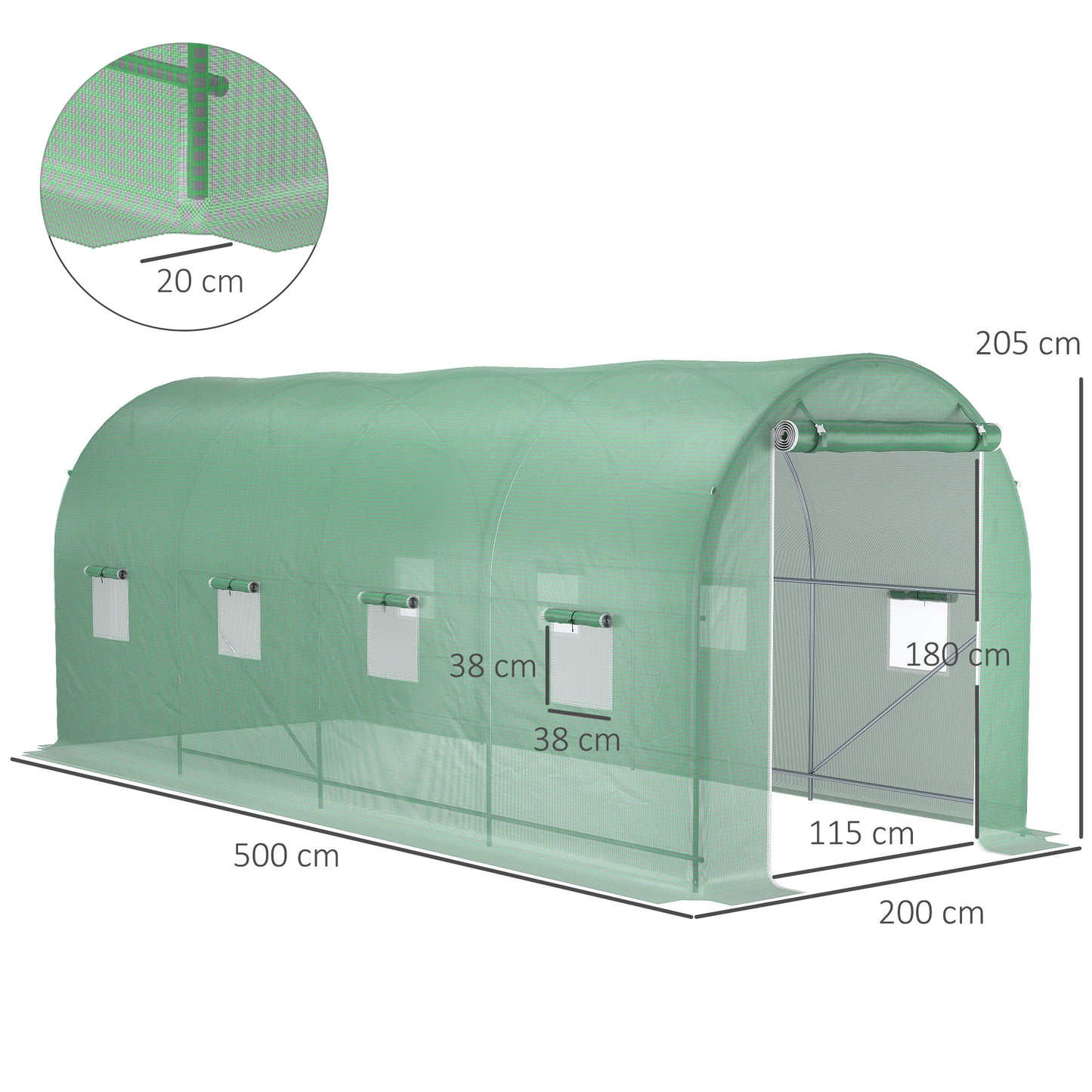 Outsunny Estufa tipo Túnel 500x200x205 cm Estufa de Jardim com Porta Enrolável e 8 Janelas Cobertura de PE 140 g/m² Estrutura de Metal para Cultivo de Plantas Verduras Verde