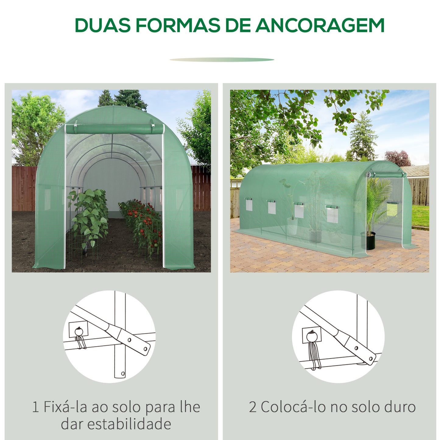 Outsunny Estufa tipo Túnel 500x200x205 cm Estufa de Jardim com Porta Enrolável e 8 Janelas Cobertura de PE 140 g/m² Estrutura de Metal para Cultivo de Plantas Verduras Verde