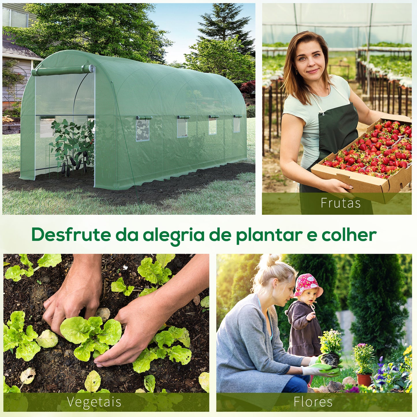 Outsunny Estufa tipo Túnel 500x200x205 cm Estufa de Jardim com Porta Enrolável e 8 Janelas Cobertura de PE 140 g/m² Estrutura de Metal para Cultivo de Plantas Verduras Verde