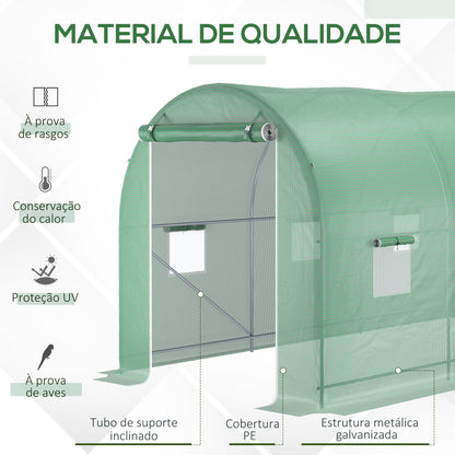 Outsunny Estufa tipo Túnel 500x200x205 cm Estufa de Jardim com Porta Enrolável e 8 Janelas Cobertura de PE 140 g/m² Estrutura de Metal para Cultivo de Plantas Verduras Verde