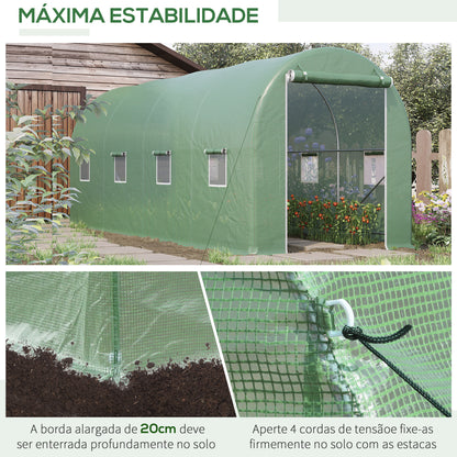 Outsunny Estufa tipo Túnel 500x200x205 cm Estufa de Jardim com Porta Enrolável e 8 Janelas Cobertura de PE 140 g/m² Estrutura de Metal para Cultivo de Plantas Verduras Verde