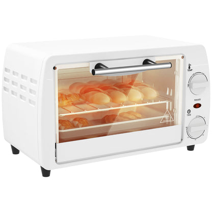 HOMCOM Mini Forno Elétrico 10 Litros 750W com Temperatura até 230 °C Temporizador 60 Minutos Bandeja e Grade 36,5x26x22 cm Branco