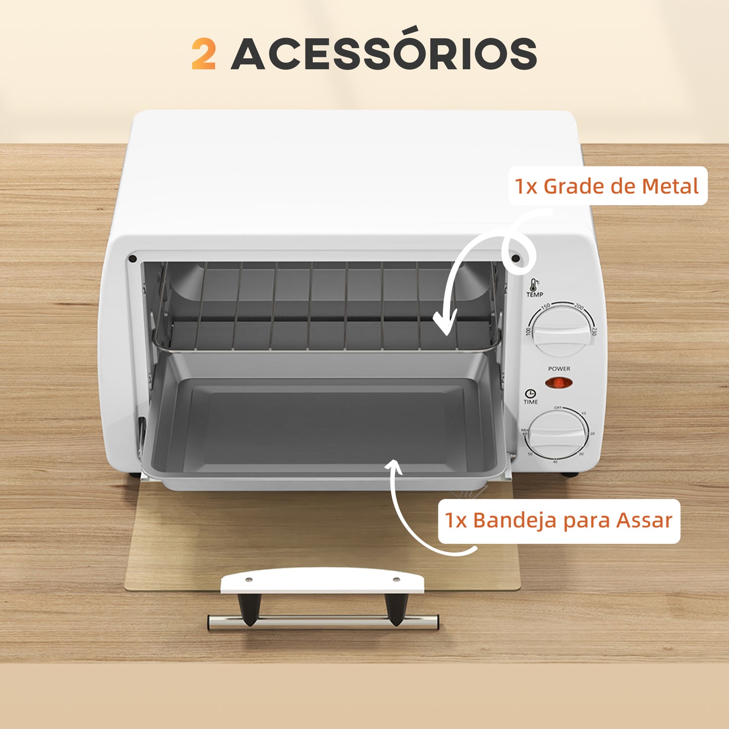 HOMCOM Mini Forno Elétrico 10 Litros 750W com Temperatura até 230 °C Temporizador 60 Minutos Bandeja e Grade 36,5x26x22 cm Branco