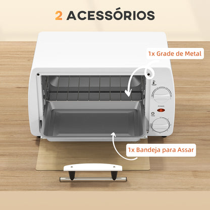 HOMCOM Mini Forno Elétrico 10 Litros 750W com Temperatura até 230 °C Temporizador 60 Minutos Bandeja e Grade 36,5x26x22 cm Branco