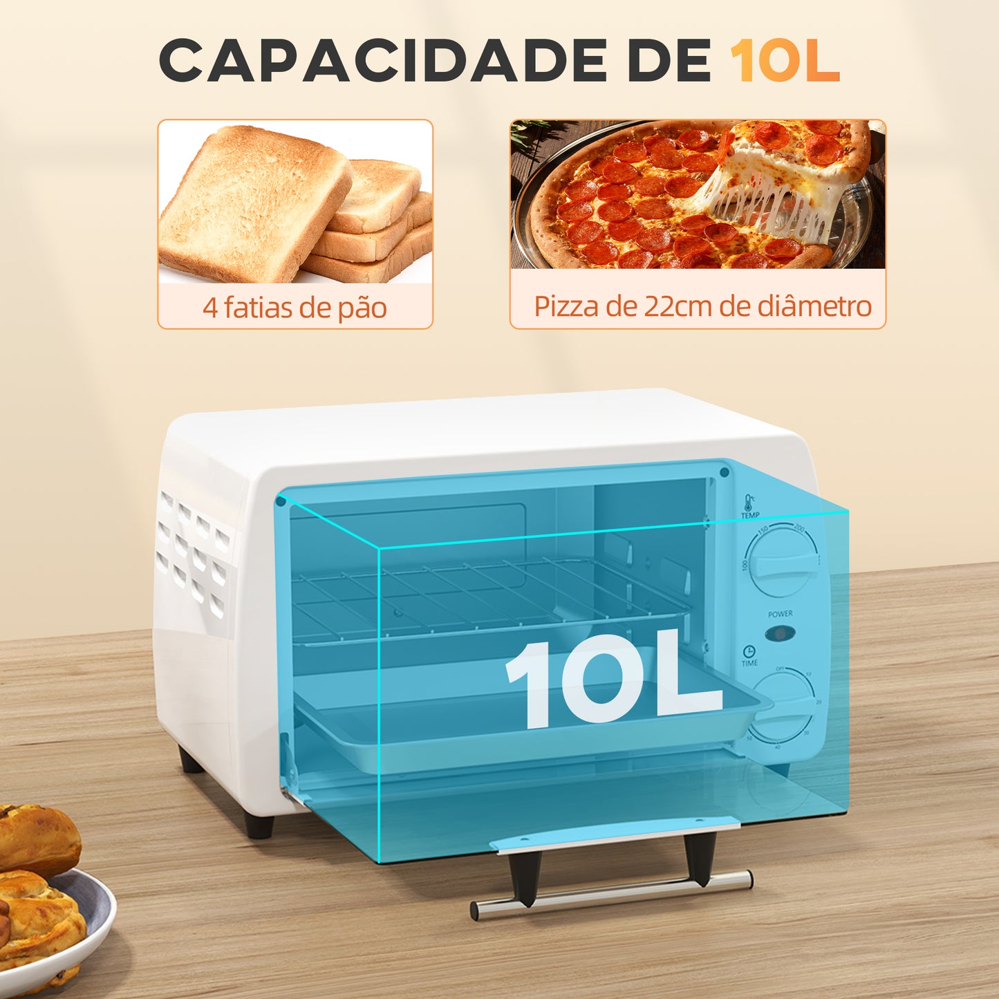 HOMCOM Mini Forno Elétrico 10 Litros 750W com Temperatura até 230 °C Temporizador 60 Minutos Bandeja e Grade 36,5x26x22 cm Branco