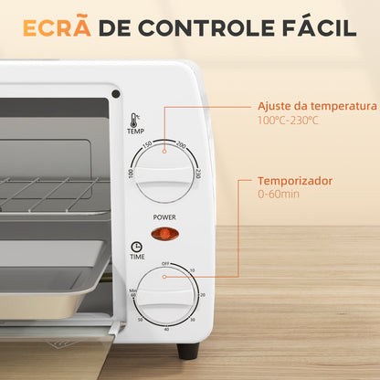 HOMCOM Mini Forno Elétrico 10 Litros 750W com Temperatura até 230 °C Temporizador 60 Minutos Bandeja e Grade 36,5x26x22 cm Branco