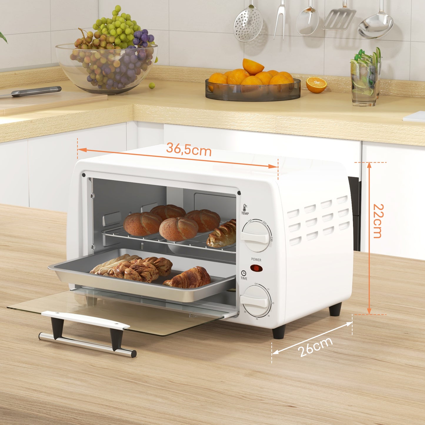 HOMCOM Mini Forno Elétrico 10 Litros 750W com Temperatura até 230 °C Temporizador 60 Minutos Bandeja e Grade 36,5x26x22 cm Branco