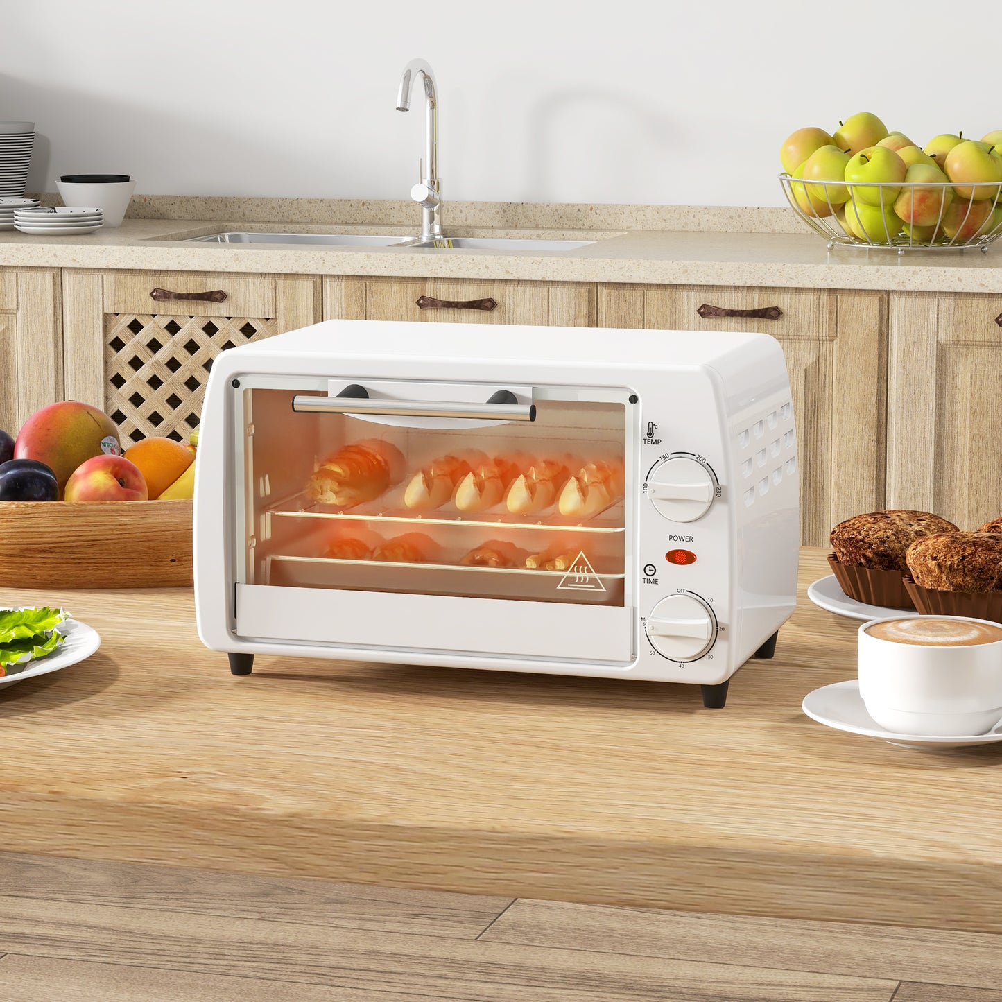 HOMCOM Mini Forno Elétrico 10 Litros 750W com Temperatura até 230 °C Temporizador 60 Minutos Bandeja e Grade 36,5x26x22 cm Branco