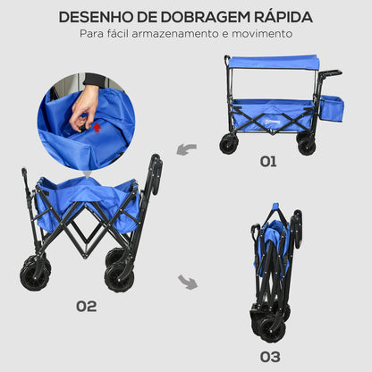 Outsunny Carrinho de Transporte Dobrável para Praia Campismo Viajem com Toldo Guiador Rodas Altura Ajustável Carga Máxima 68kg 117x55x98 cm Azul