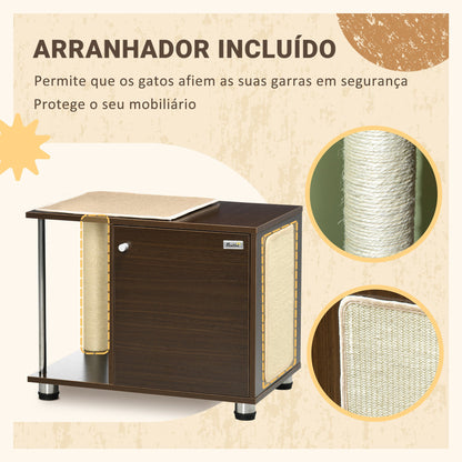 PawHut Móvel Caixa de Areia para Gatos Mesa Auxiliar com Almofada Macia Porta Magnética Poste de Arranhar Tapete Lateral de Sisal e Almofada Superior 60x40x48cm Nogueira