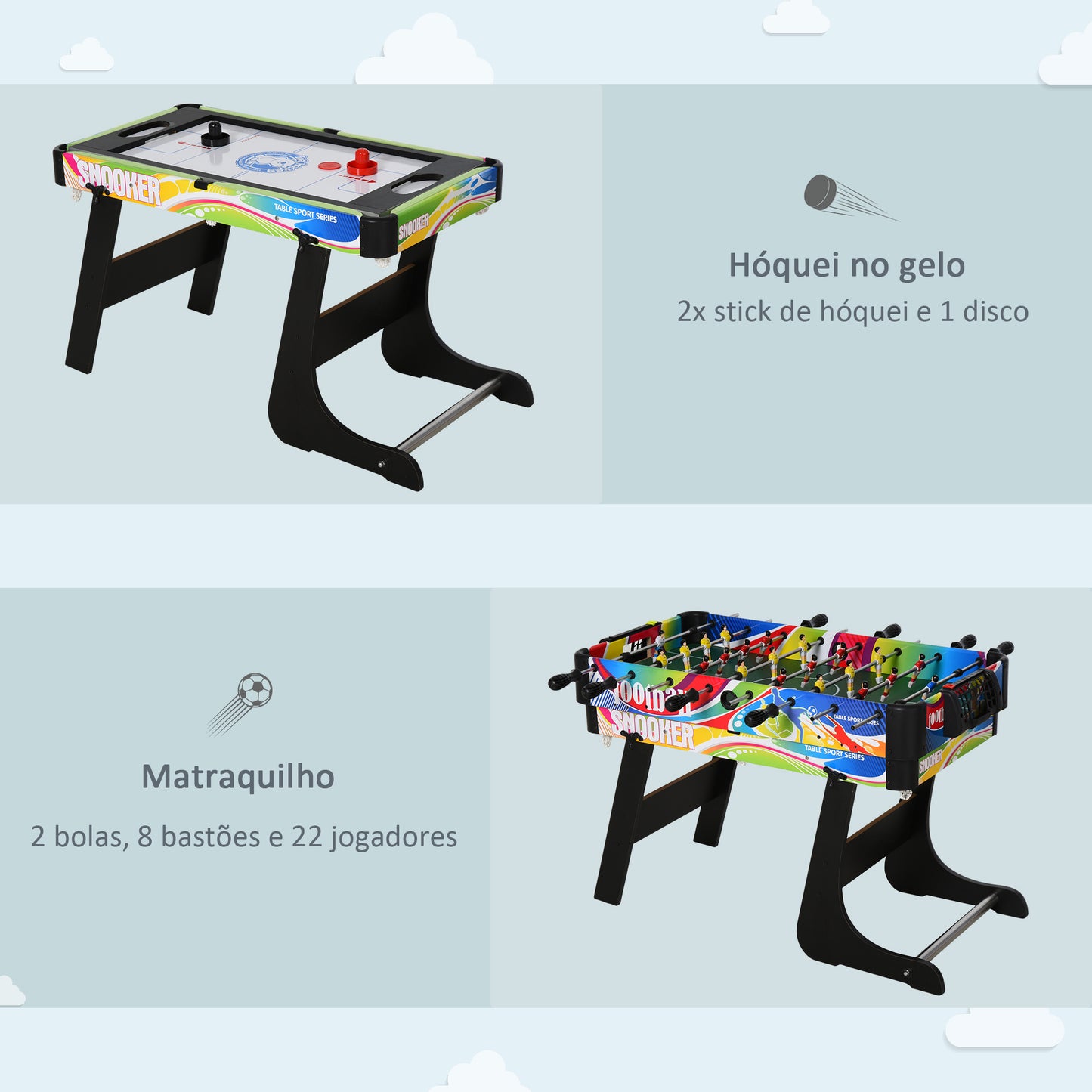 HOMCOM Mesa de vários jogos Mesa de jogos projeto 4 em 1 Futebol de mesa Hóquei Bilhar Tênis de mesa jogos para crianças e adultos Acessórios incluídos Diversão 86.5x43.5x64 cm