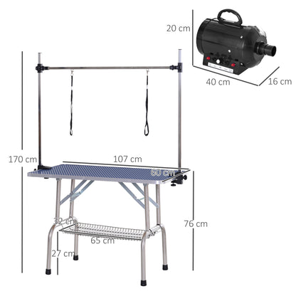 PawHut Conjunto para Animais de Estimação de Secador de Pelos 2800W e Mesa de Tosquia Dobrável com Altura Ajustável 40x16x20 cm 107x60x170 cm Preto e Azul