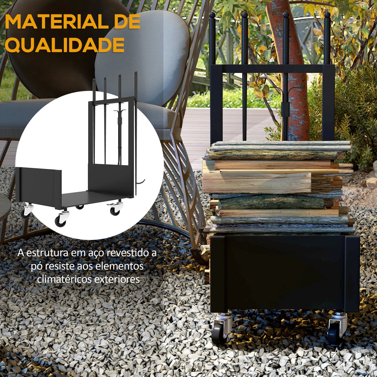 Outsunny Suporte para Lenha com Rodas Estante para Lenha Metálico Suporte para Lenha de Exterior com Pá Escova Atizador e Tenazes Carga 60 kg 48x30x76 cm Preto