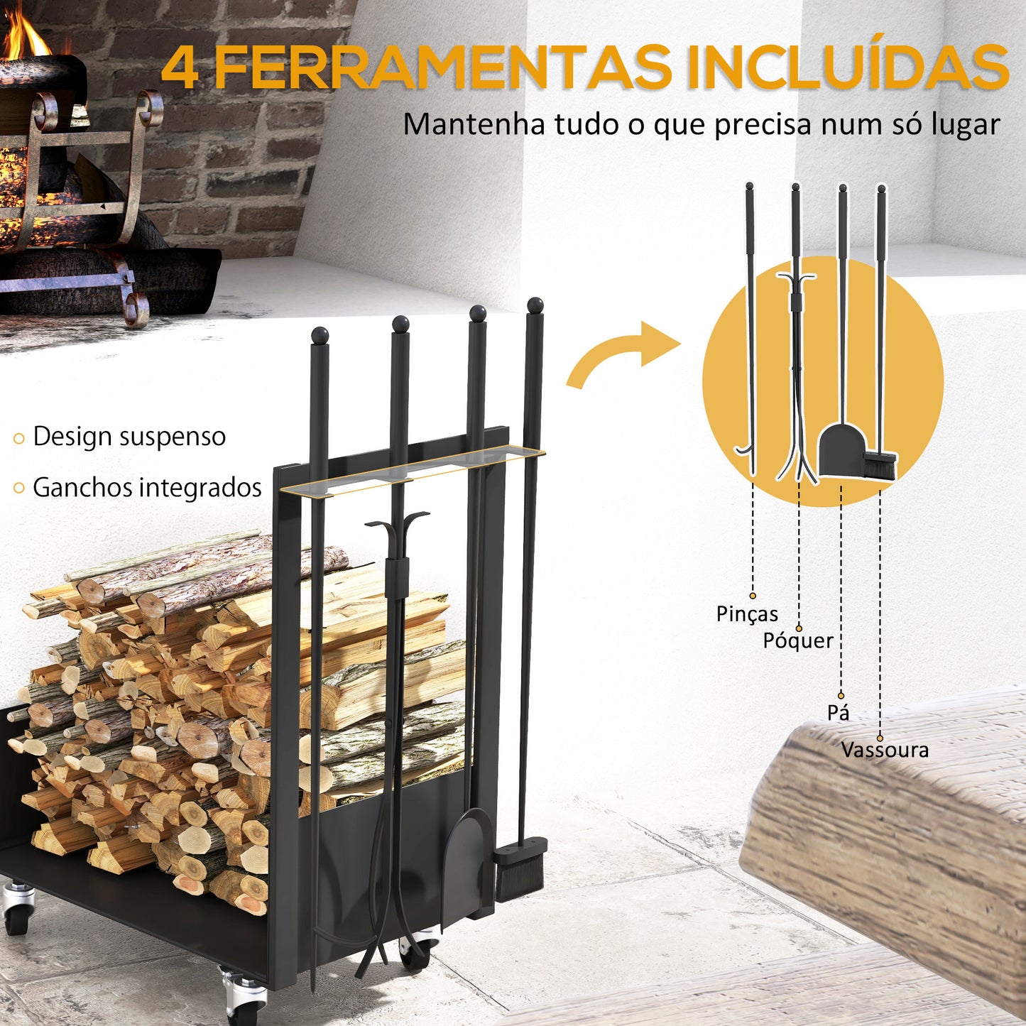 Outsunny Suporte para Lenha com Rodas Estante para Lenha Metálico Suporte para Lenha de Exterior com Pá Escova Atizador e Tenazes Carga 60 kg 48x30x76 cm Preto