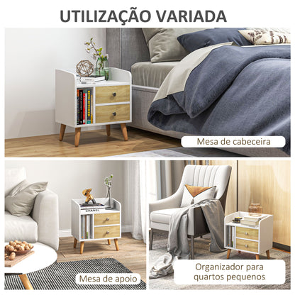 Mesa de cabeceira compacta Mesa multifuncional com 2 gavetas grandes e 1 pernas em pinho com prateleira aberta Design nórdico 43x30x49 cm Branco