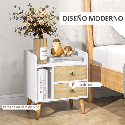 Mesa de cabeceira compacta Mesa multifuncional com 2 gavetas grandes e 1 pernas em pinho com prateleira aberta Design nórdico 43x30x49 cm Branco