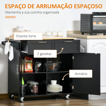 Ilha / Carrinho de Cozinha com Rodas Móvel Auxiliar de Cozinha com 2 Gavetas 2 Portas Prateleira Ajustável e Suporte para Guardanapos para Sala de Jantar Sala de Estar 104x46x91 cm Preto