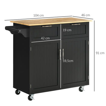 Ilha / Carrinho de Cozinha com Rodas Móvel Auxiliar de Cozinha com 2 Gavetas 2 Portas Prateleira Ajustável e Suporte para Guardanapos para Sala de Jantar Sala de Estar 104x46x91 cm Preto