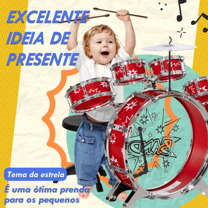 AIYAPLAY Bateria Infantil com Banco Bateria para Crianças acima de 3 Anos com Tambores Pedal e Baqueta Desenho com Tema de Estrelas 65x22x57 cm Vermelho