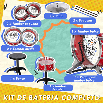 AIYAPLAY Bateria Infantil com Banco Bateria para Crianças acima de 3 Anos com Tambores Pedal e Baqueta Desenho com Tema de Estrelas 65x22x57 cm Vermelho