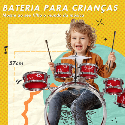 AIYAPLAY Bateria Infantil com Banco Bateria para Crianças acima de 3 Anos com Tambores Pedal e Baqueta Desenho com Tema de Estrelas 65x22x57 cm Vermelho