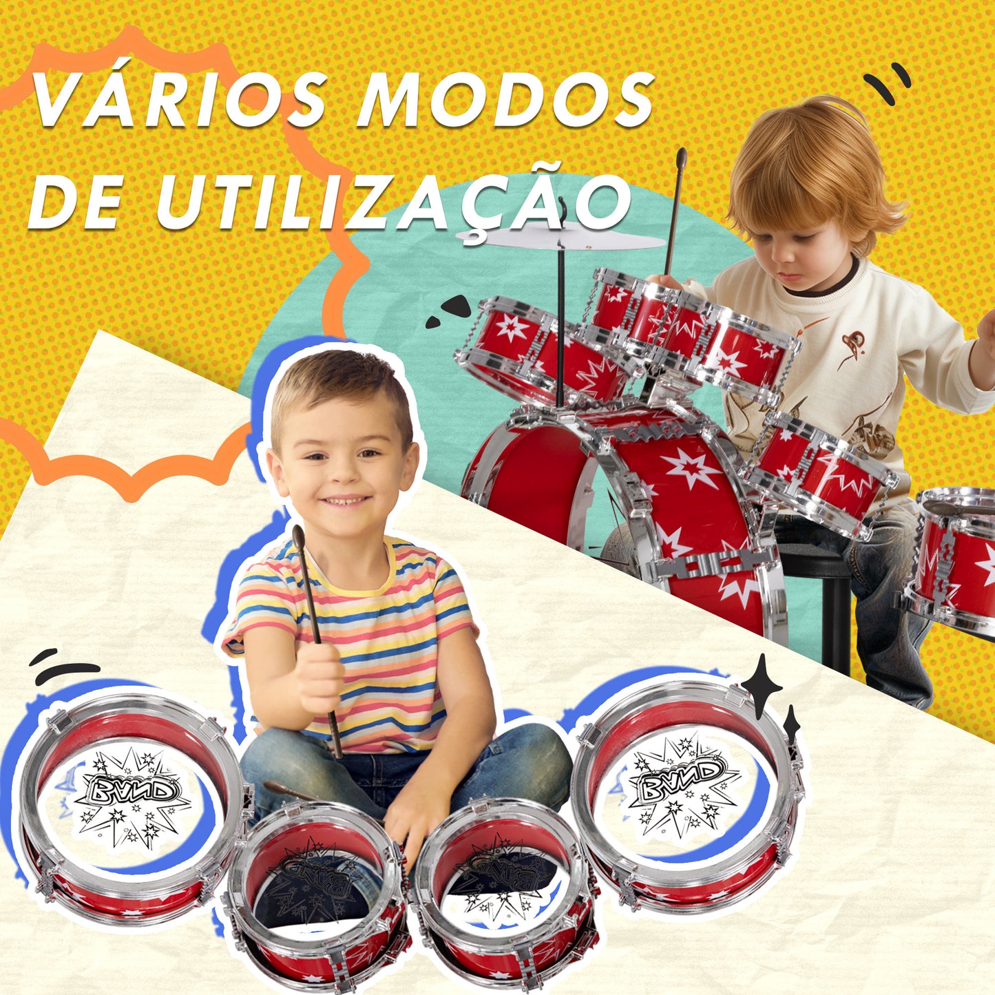 AIYAPLAY Bateria Infantil com Banco Bateria para Crianças acima de 3 Anos com Tambores Pedal e Baqueta Desenho com Tema de Estrelas 65x22x57 cm Vermelho