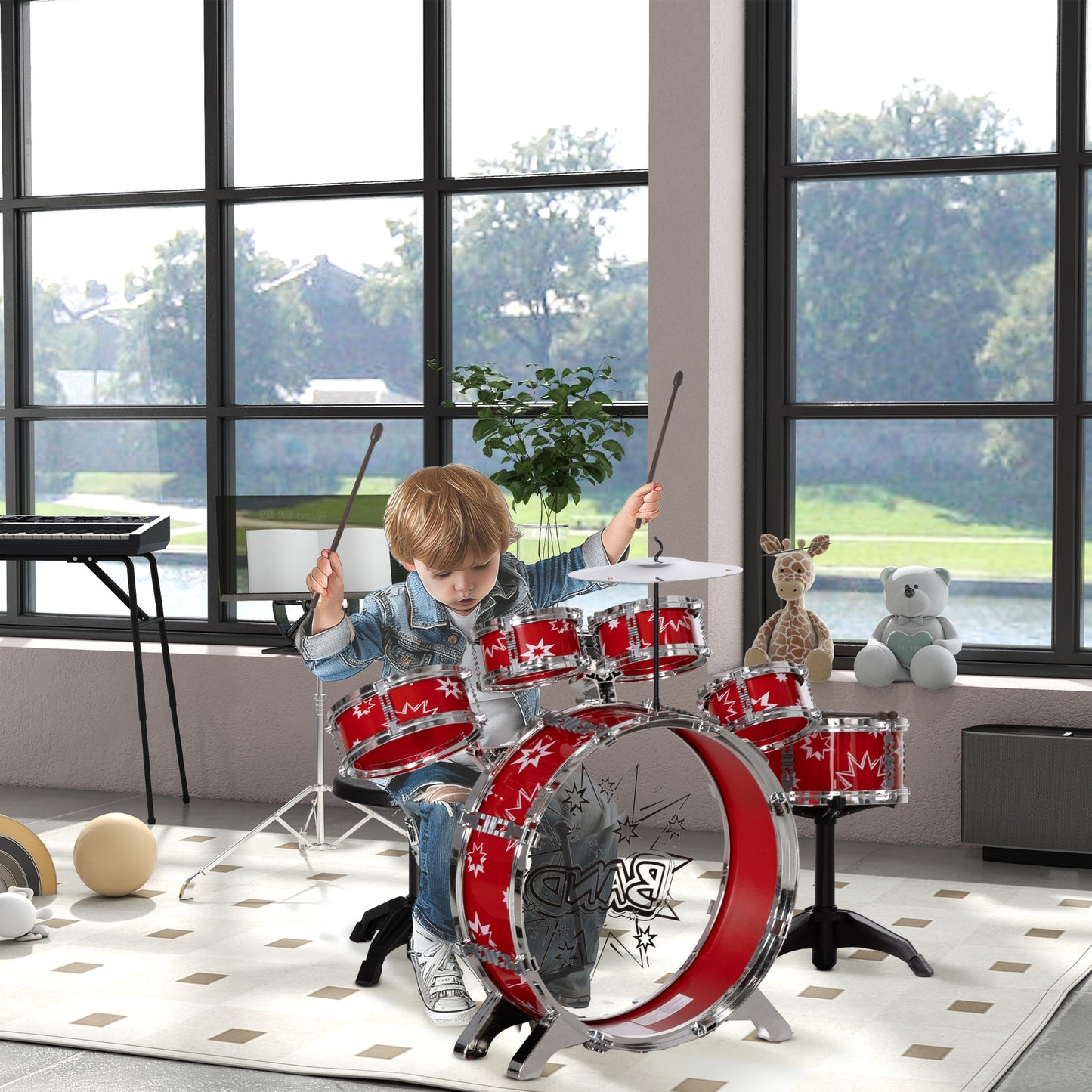 AIYAPLAY Bateria Infantil com Banco Bateria para Crianças acima de 3 Anos com Tambores Pedal e Baqueta Desenho com Tema de Estrelas 65x22x57 cm Vermelho