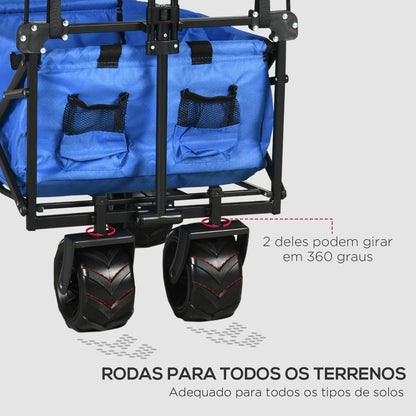 Outsunny Carrinho de Transporte Dobrável para Praia Campismo Viajem com Toldo Guiador Rodas Altura Ajustável Carga Máxima 68kg 117x55x98 cm Azul