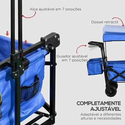 Outsunny Carrinho de Transporte Dobrável para Praia Campismo Viajem com Toldo Guiador Rodas Altura Ajustável Carga Máxima 68kg 117x55x98 cm Azul