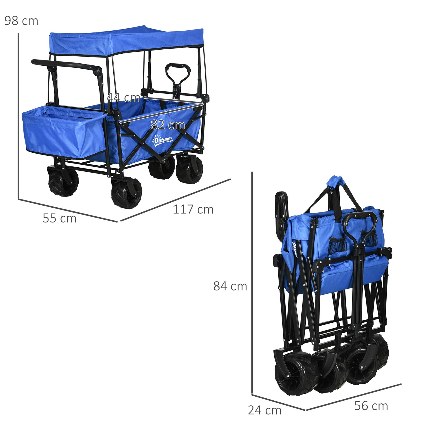 Outsunny Carrinho de Transporte Dobrável para Praia Campismo Viajem com Toldo Guiador Rodas Altura Ajustável Carga Máxima 68kg 117x55x98 cm Azul