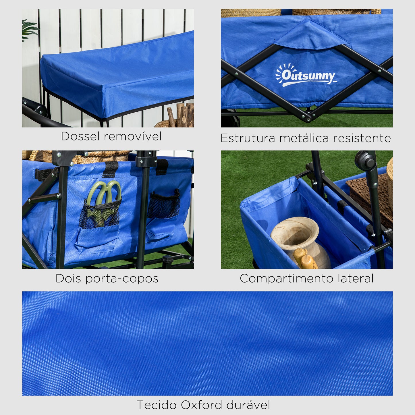 Outsunny Carrinho de Transporte Dobrável para Praia Campismo Viajem com Toldo Guiador Rodas Altura Ajustável Carga Máxima 68kg 117x55x98 cm Azul