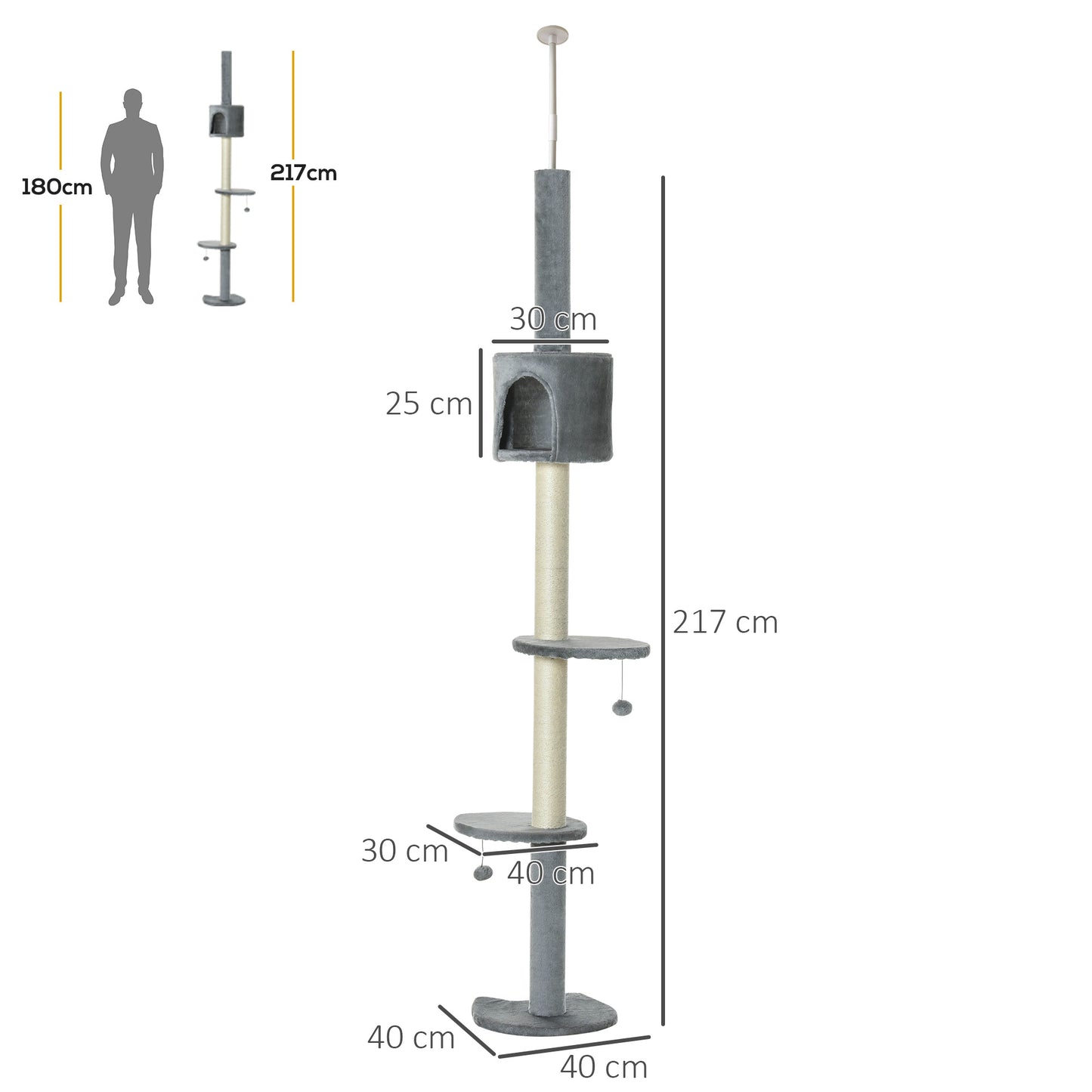 PawHut Árvore Arranhador para Gatos para Fixar ao Teto Altura Ajustável 220-280cm com Plataformas Caverna Postes de Sisal Bolas Penduradas 40x40x280cm Cinza Claro