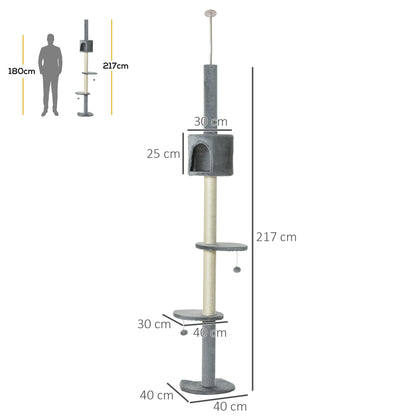 PawHut Árvore Arranhador para Gatos para Fixar ao Teto Altura Ajustável 220-280cm com Plataformas Caverna Postes de Sisal Bolas Penduradas 40x40x280cm Cinza Claro