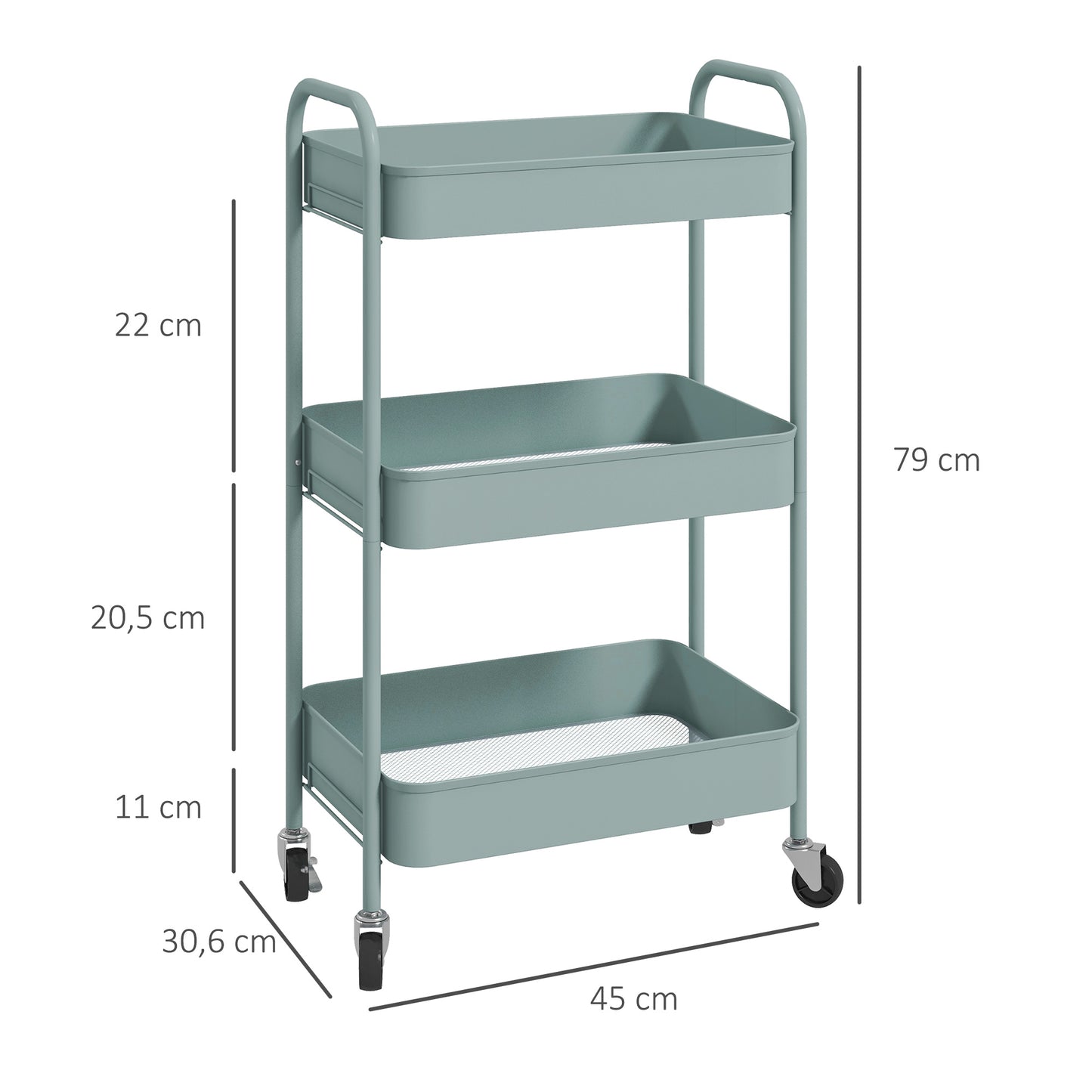 HOMCOM Carrinho Auxiliar de 3 Níveis com Rodas Carrinho de Armazenamento Deslizante com 3 Prateleiras 4 Rodas e 2 Travões para Cozinha Sala 45x30.6x79 cm Azul Claro