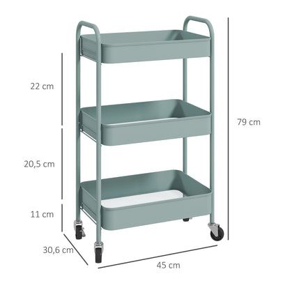 HOMCOM Carrinho Auxiliar de 3 Níveis com Rodas Carrinho de Armazenamento Deslizante com 3 Prateleiras 4 Rodas e 2 Travões para Cozinha Sala 45x30.6x79 cm Azul Claro