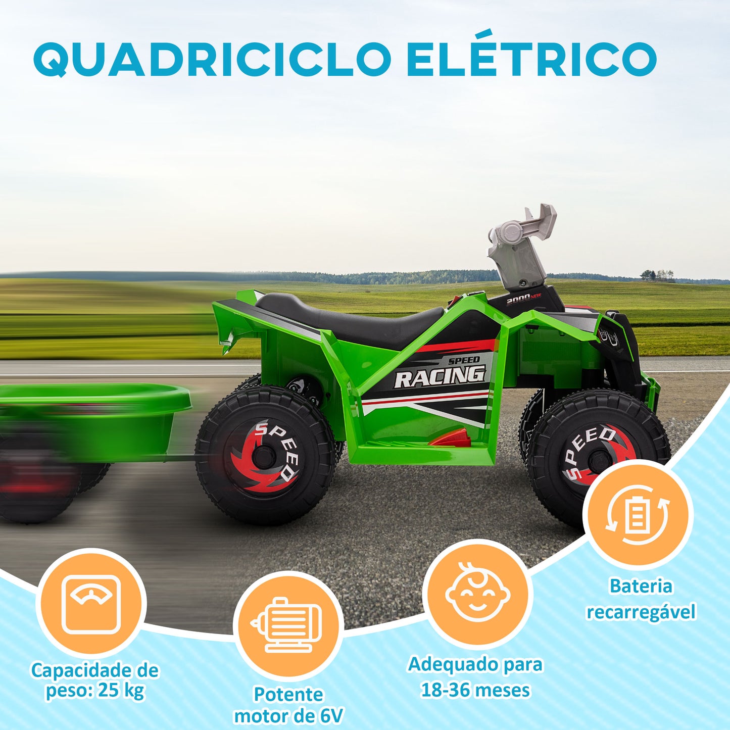 HOMCOM Quadriciclo Elétrico para Crianças com Reboque a Bateria 6V Carro Elétrico para Crianças de 18-36 Meses com Velocidade 2,5 km/h Carga Máxima 106x41,5x48,5 cm Verde