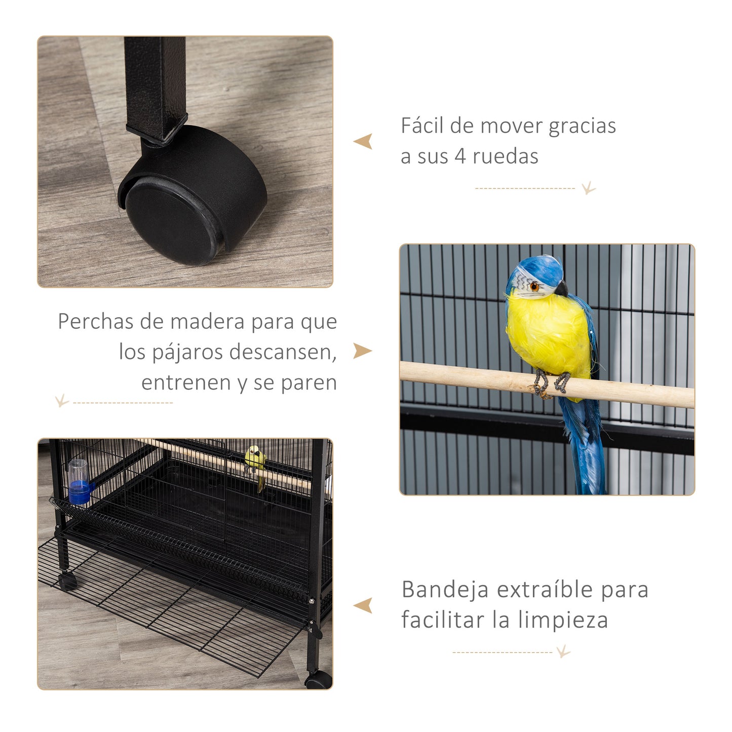 PawHut Gaiola para Pássaros com 4 Rodas Gaiola para Pássaros Metálica com Múltiplas Portas 4 Comedouros Bebedouro 2 Poleiros e Bandeja para Louros Canários Periquitos 79x52x137cm Preto