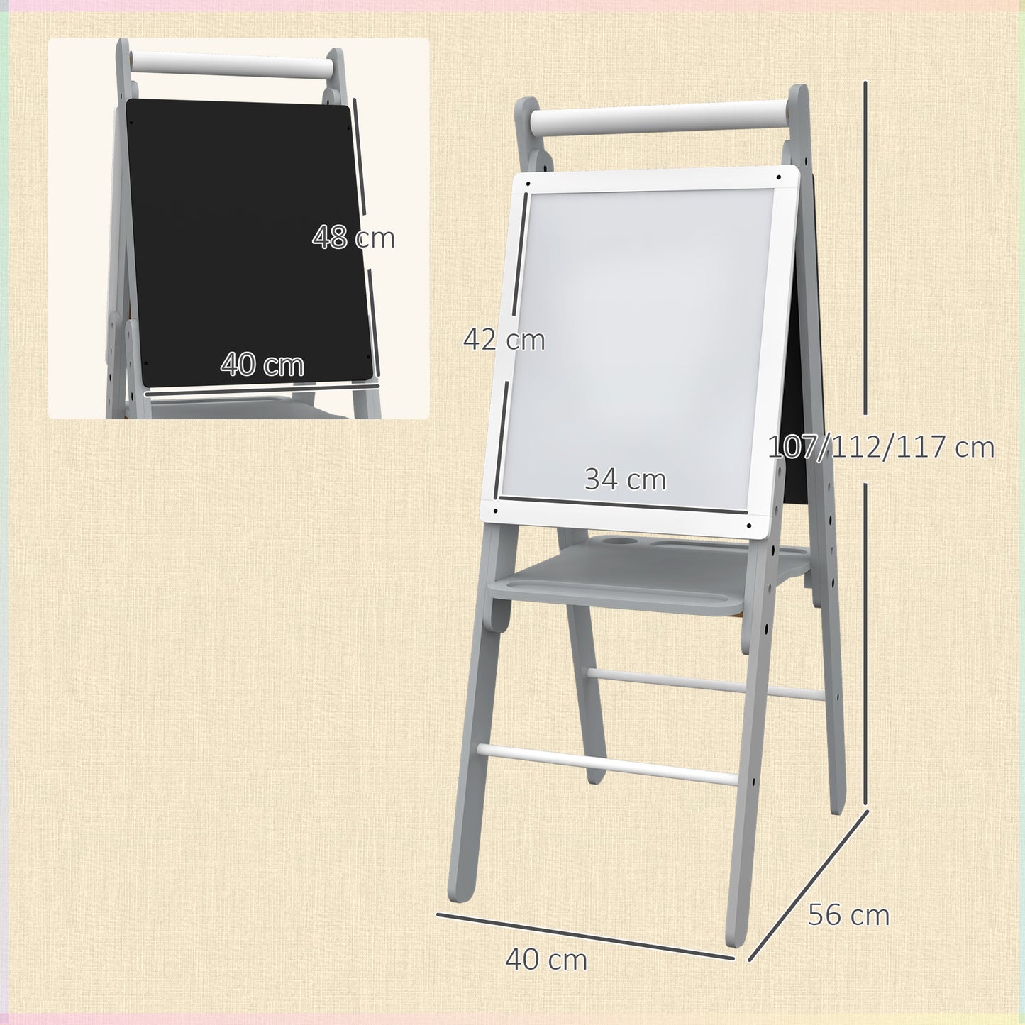 AIYAPLAY Cavalete para Crianças Cavalete com Quadro Branco e Quadro preto com Altura Ajustável Cavalete de Arte para Desenhos 3 em 1 com Rolo de Papel 40x56x107/112/117 cm Cinza