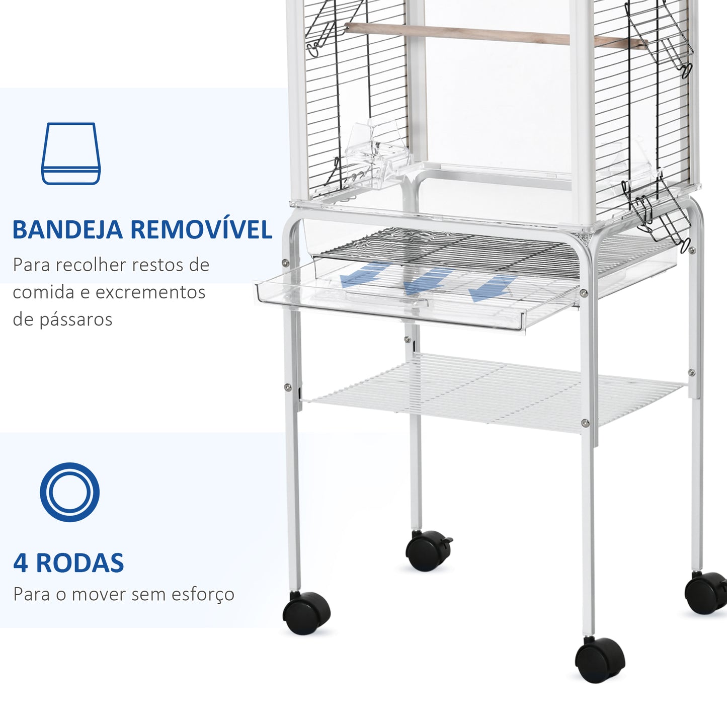 PawHut Gaiola para Passáros com Suporte Desmontável Gaiola com 4 Rodas Teto com Abertura 2 Comedouros 2 Poleiros Bandeja Removível 47x35x106,5cm Branco