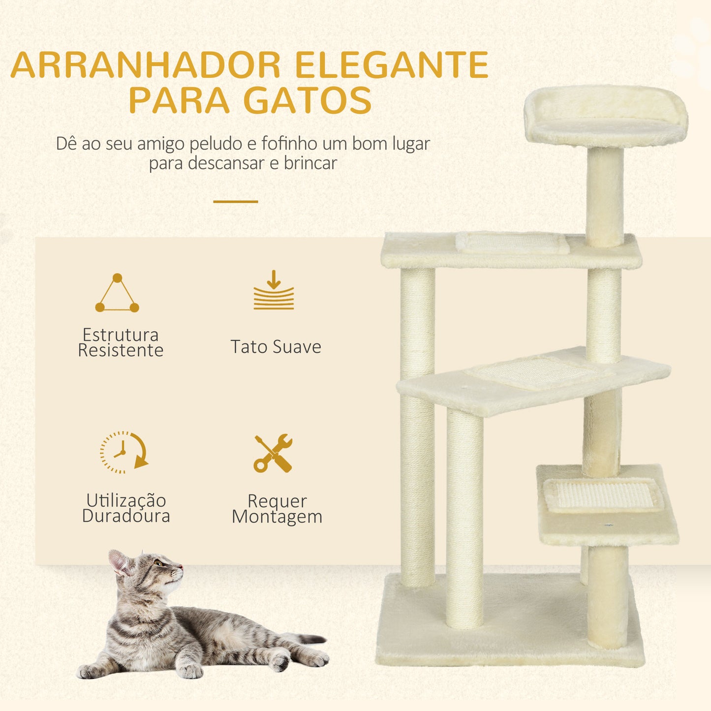 PawHut Árvore para gato Poste para arranhar com cama de plataforma e cobertor de sisal de veludo bege - 50x50x100cm