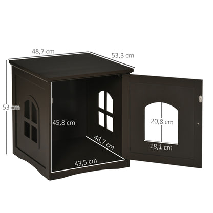 PawHut Casa para Gatos de Madeira Móvel para Caixa de Areia para Gatos 2 em 1 com Armário de Armazenamento Bancada Ampla Porta e 3 Janelas Cruzadas 48,7x53,3x53 cm Marrom