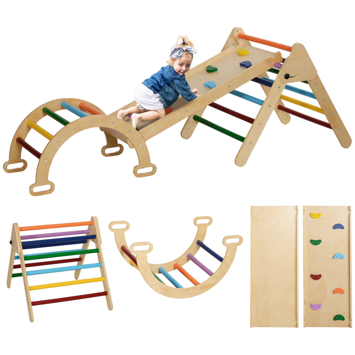 Triângulo de Escalada de Madeira 5 em 1 Escada para Crianças de 18-48 Meses com Rampa e Arco de Escalada para Deslizar ou Escalar 178x64,5x63 cm Multicor