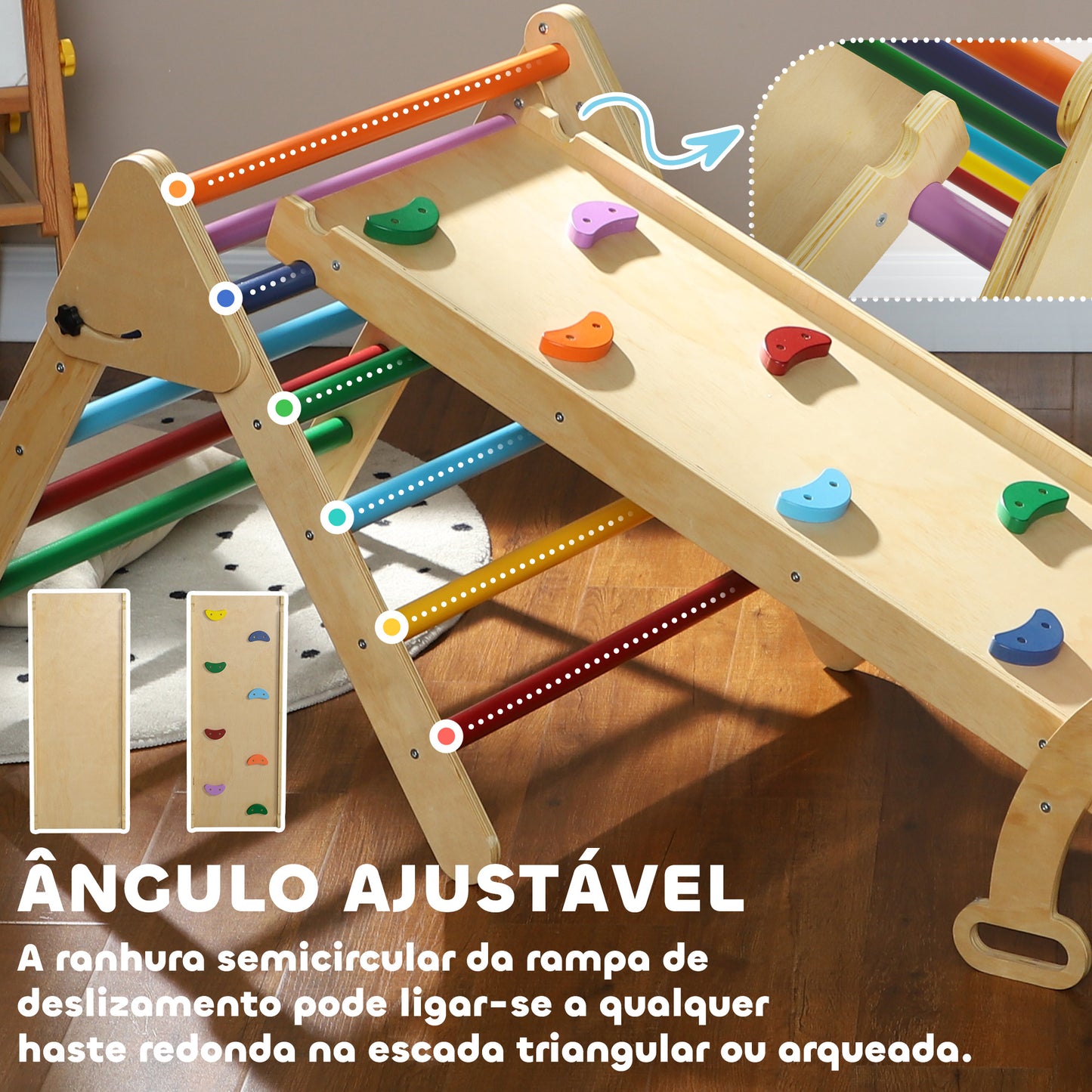 Triângulo de Escalada de Madeira 5 em 1 Escada para Crianças de 18-48 Meses com Rampa e Arco de Escalada para Deslizar ou Escalar 178x64,5x63 cm Multicor