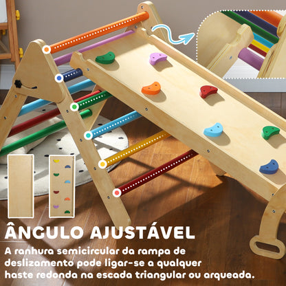 Triângulo de Escalada de Madeira 5 em 1 Escada para Crianças de 18-48 Meses com Rampa e Arco de Escalada para Deslizar ou Escalar 178x64,5x63 cm Multicor