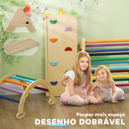 Triângulo de Escalada de Madeira 5 em 1 Escada para Crianças de 18-48 Meses com Rampa e Arco de Escalada para Deslizar ou Escalar 178x64,5x63 cm Multicor