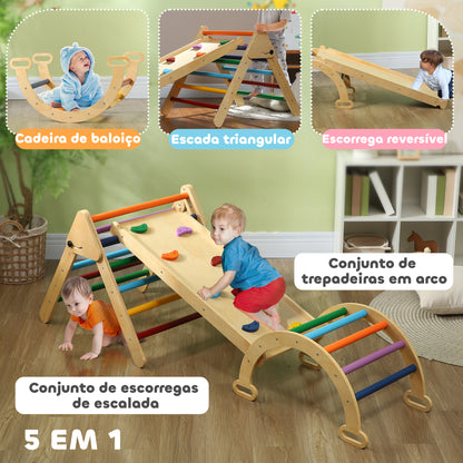 Triângulo de Escalada de Madeira 5 em 1 Escada para Crianças de 18-48 Meses com Rampa e Arco de Escalada para Deslizar ou Escalar 178x64,5x63 cm Multicor