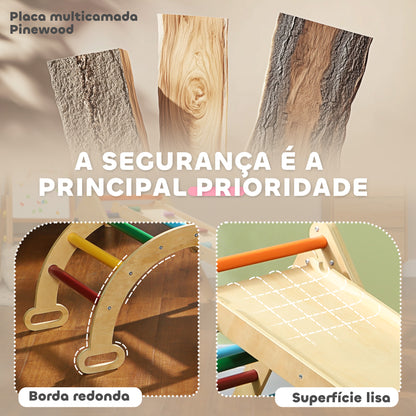 Triângulo de Escalada de Madeira 5 em 1 Escada para Crianças de 18-48 Meses com Rampa e Arco de Escalada para Deslizar ou Escalar 178x64,5x63 cm Multicor