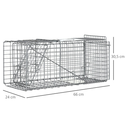 Outsunny Armadilha para Animais Vivos Dobrável 66x24x30,5 cm Gaiola de Captura com Porta e Alça para Coelhos Roedores Prata