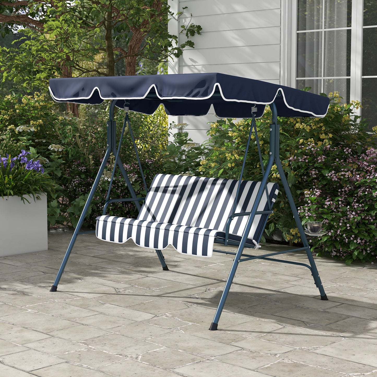 Outsunny Baloiço de Jardim de 3 Lugares com Almofada Toldo Ajustável e Estrutura de Metal para Balcão Terraço Patio Carga Máx. 300kg 172x110x153cm Azul e Branco