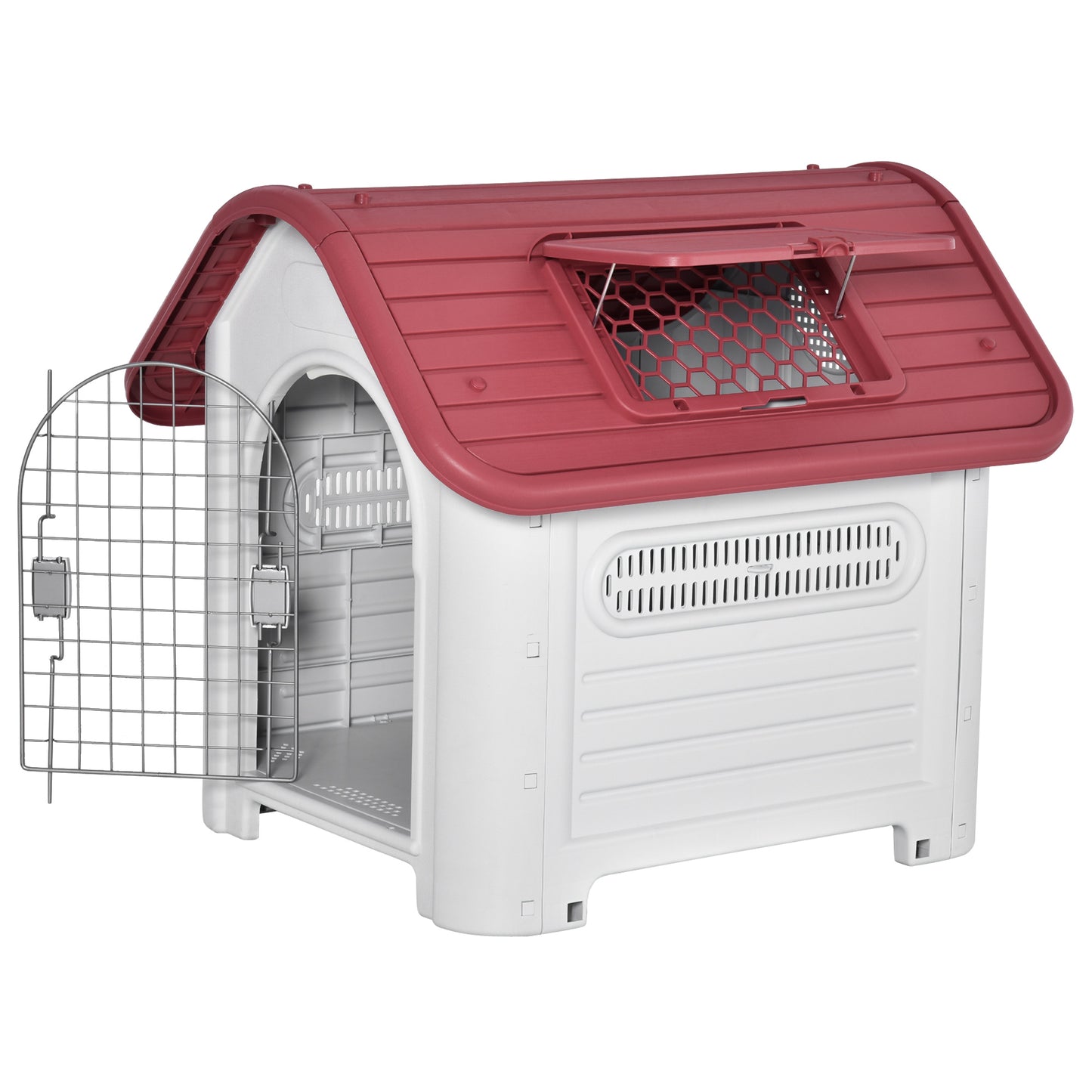 PawHut Casota para Cães com Porta Removível Base Elevada 3 Respiradouros e Janela para Interior e Exterior 72x87x75cm Cinza e Vermelho